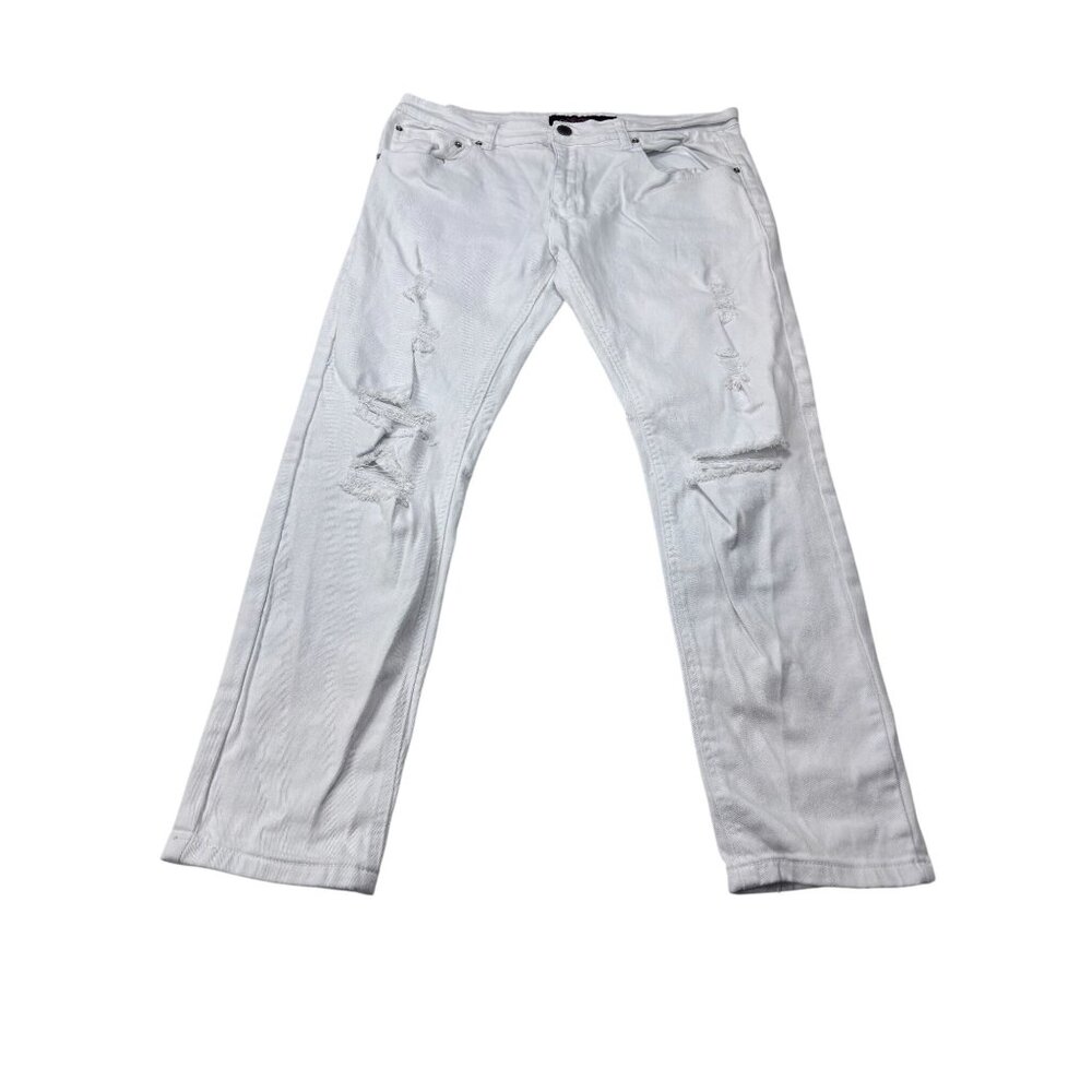 White Distressed Copper Rivet Denim Jeans Straight Leg 36/30